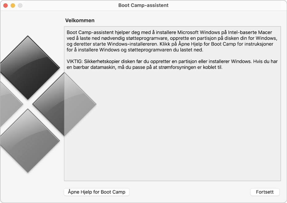 Introduksjonspanelet i Boot Camp som viser en knapp som kan klikkes på for å vise hjelp, og en knapp for å fortsette med installeringen.