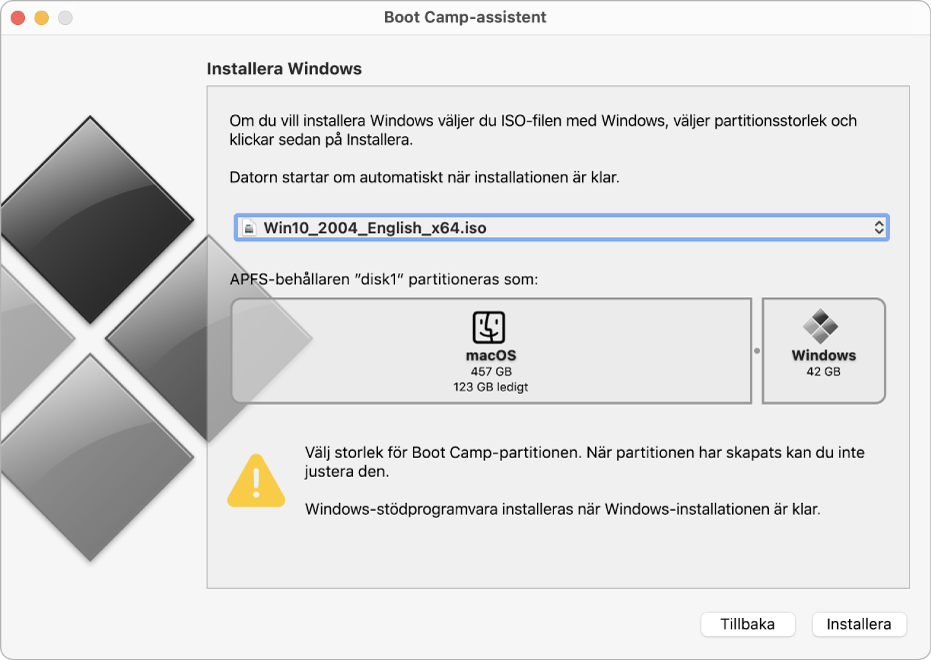 Boot Camp-assistents installationsfönster. Längst ned till höger finns knappen Installera, och till vänster finns knappen Tillbaka.