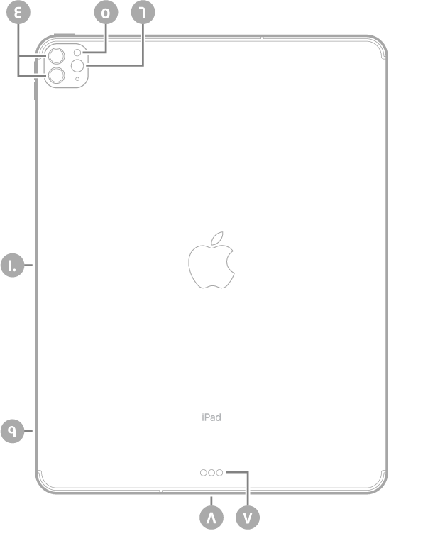 عرض للجزء الخلفي من iPad Pro مع وسائل شرح للكاميرات الخلفية والفلاش في أعلى اليسار، وموصل Smart Connector و USB-C في أسفل الوسط، وحامل SIM (في طرز Wi-Fi + Cellular) في أسفل اليسار، والموصل المغناطيسي لـ Apple Pencil على اليسار.
