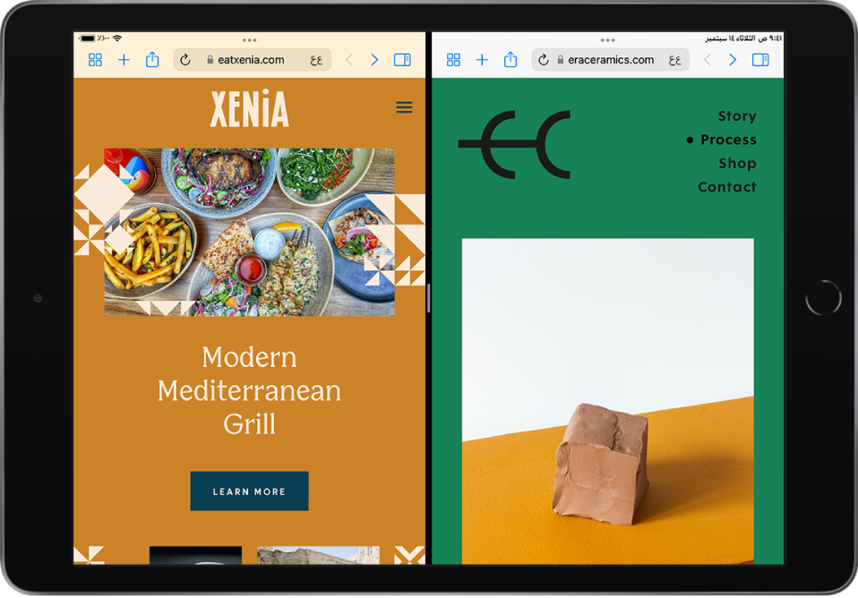 يعرض النصف الأيمن من الشاشة صفحة ويب. ويعرض النصف الأيسر من الشاشة صفحة ويب مختلفة. بينهما فاصل قابل للتعديل. ويوجد في الجزء العلوي من كل صفحة ويب أيقونة عناصر التحكم في تعدد المهام.