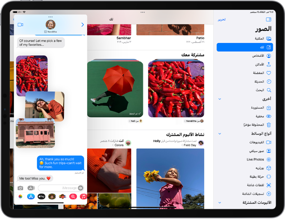 تطبيق الصور يملأ الشاشة. تطبيق الرسائل مفتوح في نافذة Slide Over على الجانب الأيسر من الشاشة.