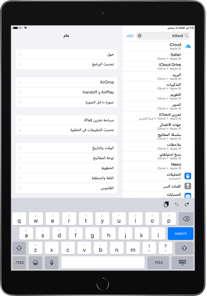 شاشة إعدادات البحث، ويظهر في أعلاها حقل البحث. مصطلح البحث "iCloud" ظاهر في حقل البحث، وتحته إعدادات البحث موجودة في القائمة.