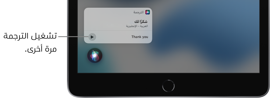 يعرض Siri ترجمة العبارة العربية "شكرًا لك" بالإنجليزية. يوجد زر على يسار الترجمة يعيد تشغيل صوت الترجمة.