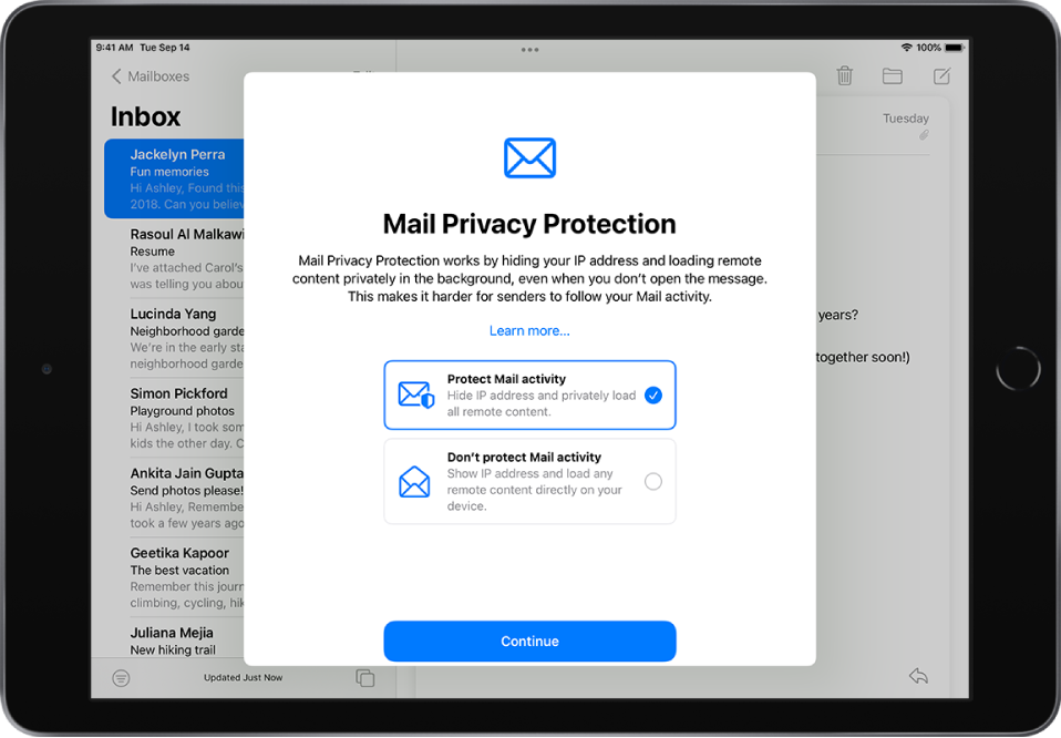 Диалоговото поле за настройване на функцията Mail Privacy Protection (Защита на поверителността в Поща), описващо функциите и предлагащо две опции: „Protect mail activity“ („Защита на активността в пощата“) и „Don’t protect mail activity“ („Без защита на активността в пощата“).