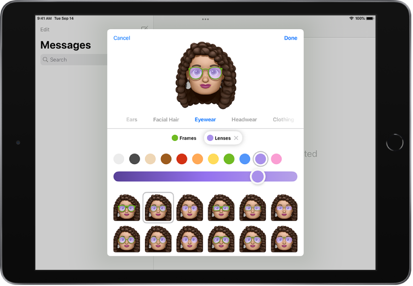 Екранът за създаване на Memoji в приложението Messages (Съобщения), където можете да изберете очила.
