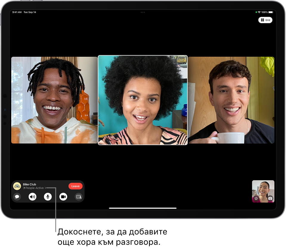 Групов FaceTime разговор с четири участника, включително този, който е започнал разговора. Всеки участник се появява в отделен панел.