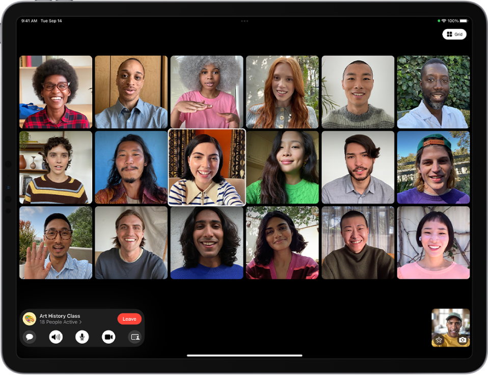 Групов FaceTime разговор, в който се показват участниците в Grid Layout (Изглед решетка) като е маркирано изображението на човека, който говори.