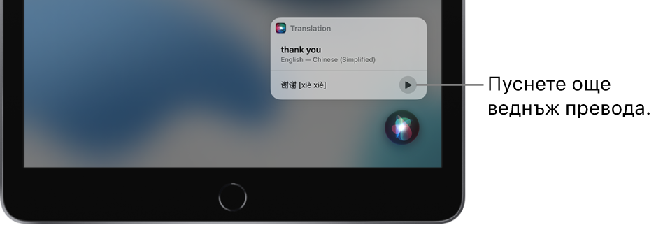 Siri показва превод на английската фраза „thank you“ („благодаря“) на мандарин. Бутонът вдясно от превода възпроизвежда наново аудиото на превода.