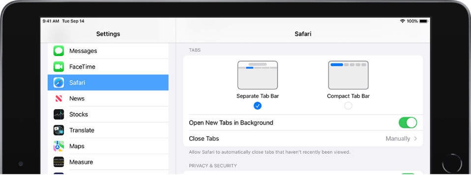 Секцията Safari в приложението Settings (Настройки). Под разделите са опциите Compact Tab Bar (Компактна лента с раздели) или Separate Tab Bar (Отделна лента с раздели). Останалите опции включват Open New Tabs in Background (Отваряне на новите раздели във фонов режим) и Close Tabs (Затвори раздели).