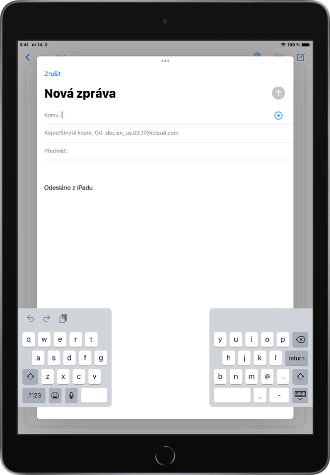 Psaní nové e‑mailové zprávy na rozdělené klávesnici, odpojené od dolního okraje displeje iPadu