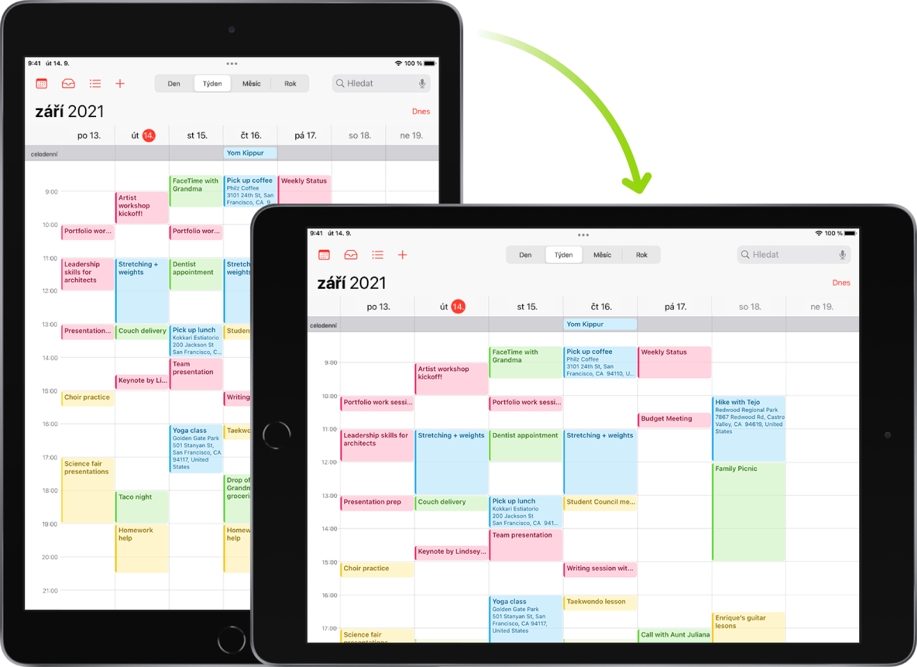 Na pozadí je vidět iPad s obrazovkou aplikace Kalendář v orientaci na výšku; v popředí je tentýž iPad, ale otočený tak, aby se obrazovka aplikace Kalendář zobrazovala na šířku