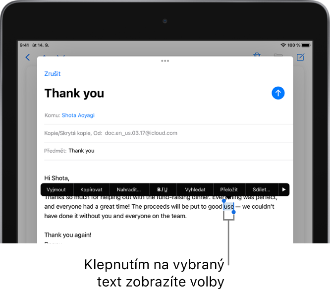 Ukázka e‑mailové zprávy, v níž je vybrána část textu. Nad vybraným textem jsou vidět tlačítka Vyjmout, Kopírovat, Vložit a Nahradit a další příkazy. Vybraný text je zvýrazněný a na obou koncích má úchyty.