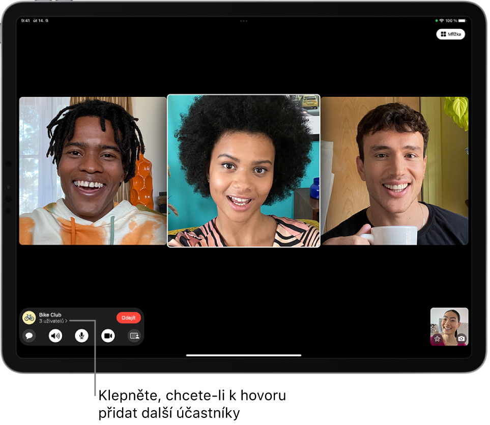 Skupinový hovor FaceTime se čtyřmi účastníky včetně iniciátora. Každý účastník se zobrazuje na samostatné dlaždici.