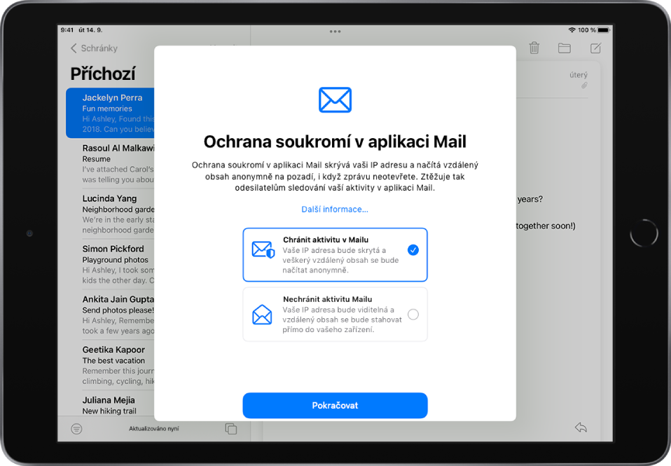 Dialogové okno nastavení ochrany soukromí v aplikaci Mail s popisem funkcí a dvěma volbami: „Chránit aktivitu v Mailu“ a „Nechránit aktivitu v Mailu“.