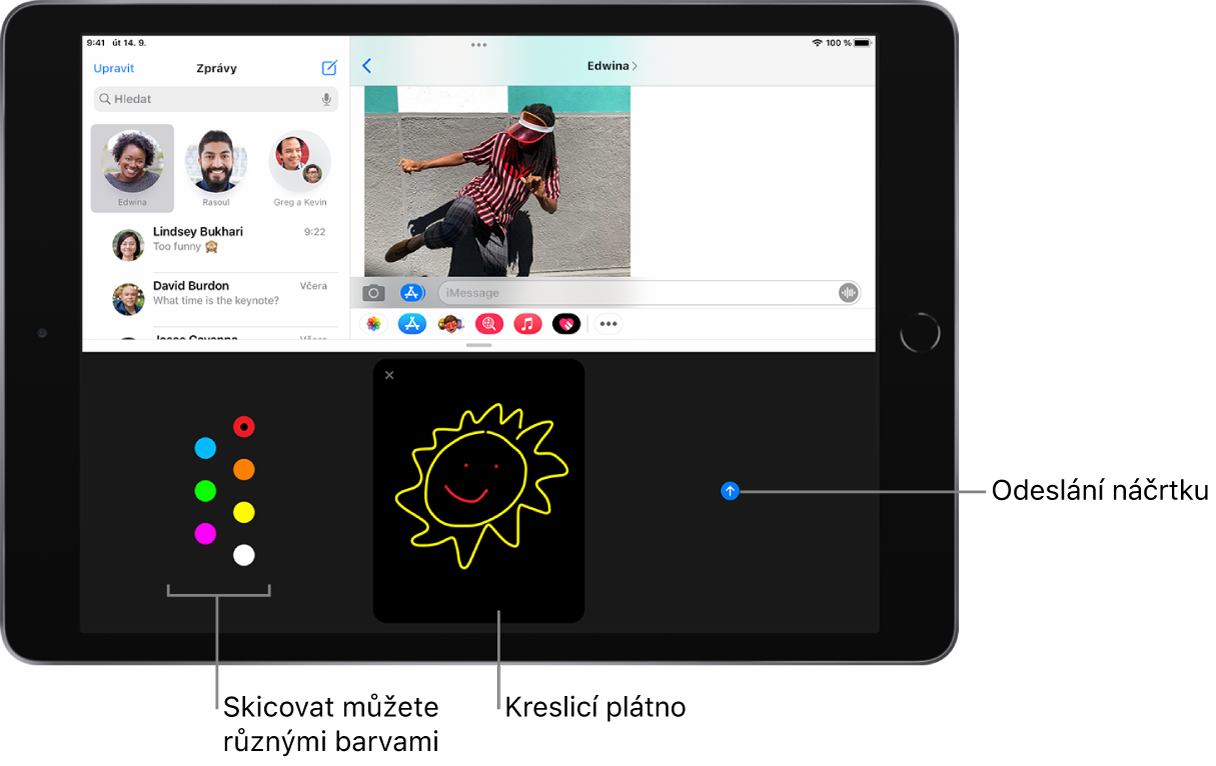 Obrazovka aplikace Zprávy s oknem Digital Touch v dolní části. Vlevo se nachází výběr barev, uprostřed kreslicí plátno a vpravo tlačítko Poslat