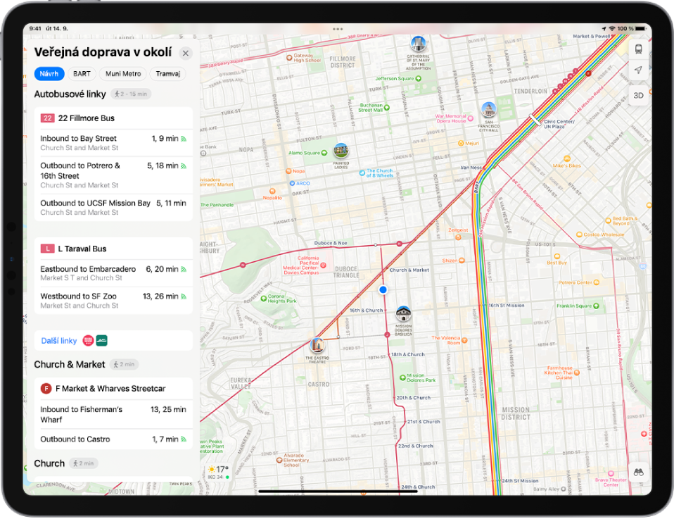 Mapa s hlavními linkami veřejné dopravy. Na levé straně se na kartě Veřejná doprava v okolí zobrazují čtyři navrhované linky.