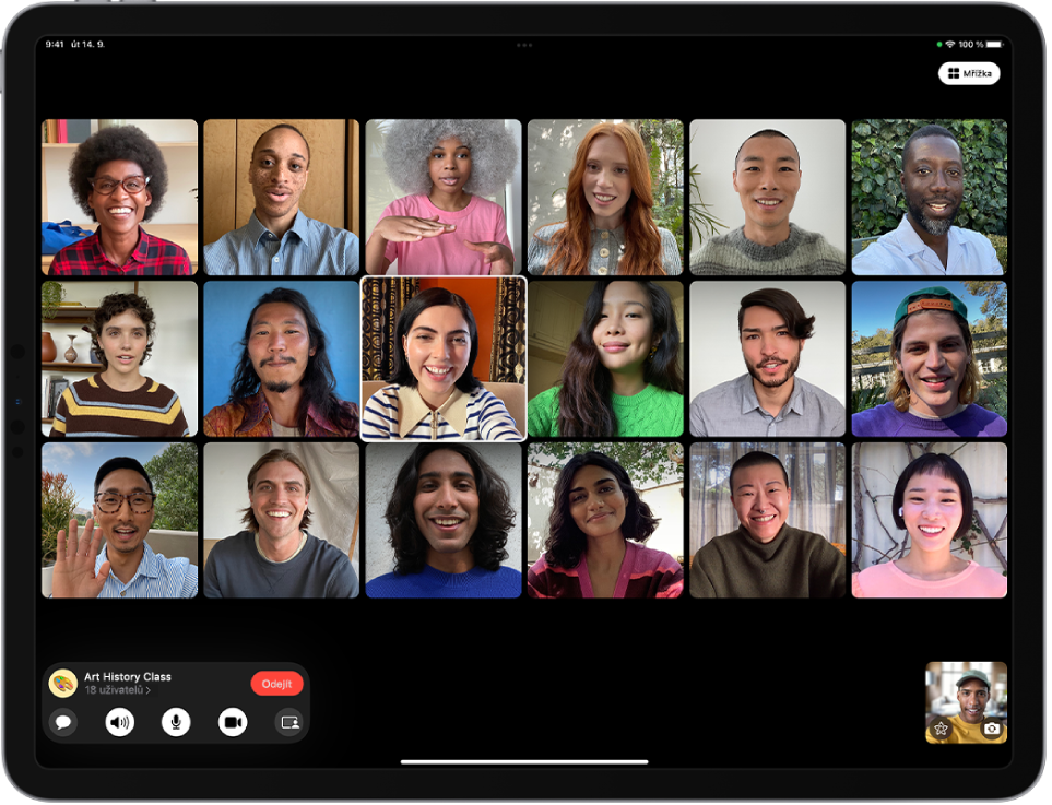 Skupinový hovor FaceTime v mřížkovém zobrazení. Jednotliví účastníci se zobrazují na stejně velkých dlaždicích; dlaždice hovořícího účastníka je zvýrazněná.