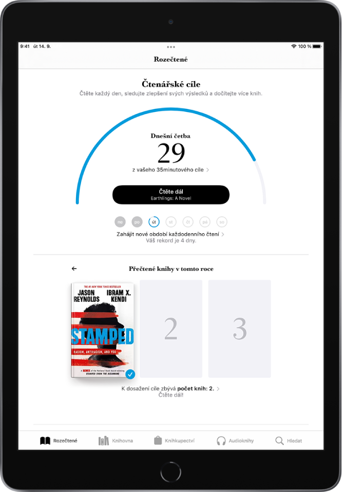 Oddíl Čtenářské cíle na kartě Rozečtené. Čtenářské počítadlo ukazuje, že z denního cíle 20 minut bylo zatím splněno 10 minut. Pod počitadlem se nachází tlačítko Číst dál a kroužky označující dny v týdnu od neděle do soboty. Modrá barva nedělního a pondělního kroužku signalizuje splnění denních čtenářských cílů. Obvod úterního kroužku je z poloviny obtažený, což signalizuje průběh plnění denního cíle. Kroužky od středy do soboty jsou šedé. Uprostřed obrazovky je vidět seznam knih přečtených v tomto roce. Tři čtverečky znázorňují čtenářský cíl – tři knihy. Jeden ze čtverečků je vyplněný obálkou knihy, což vyjadřuje jednu přečtenou knihu za rok.