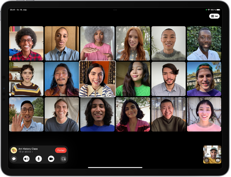 Et FaceTime-gruppeopkald i en netoversigt. Hver deltager vises i et felt af samme størrelse, og feltet med den person, der taler, er fremhævet.