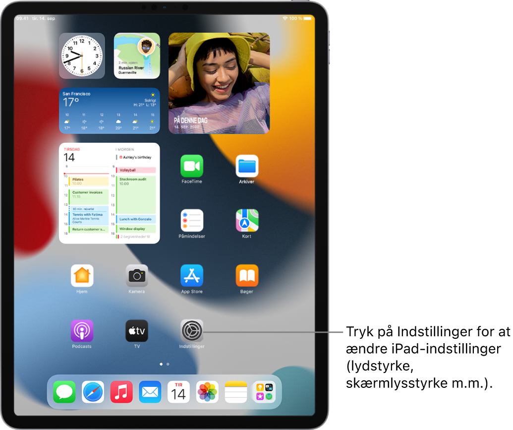 Hjemmeskærmen på iPad med adskillige symboler, herunder symbolet for appen Indstillinger, som du kan trykke på for at ændre lydstyrken, skærmens lysstyrke m.m. på din iPad.