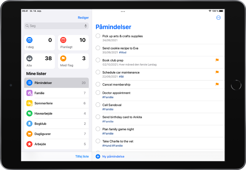 Skærmen Påmindelser, som viser lister med påmindelser i venstre side og en huskeliste på den højre side. Knappen Ny påmindelse er placeret nederst i midten.