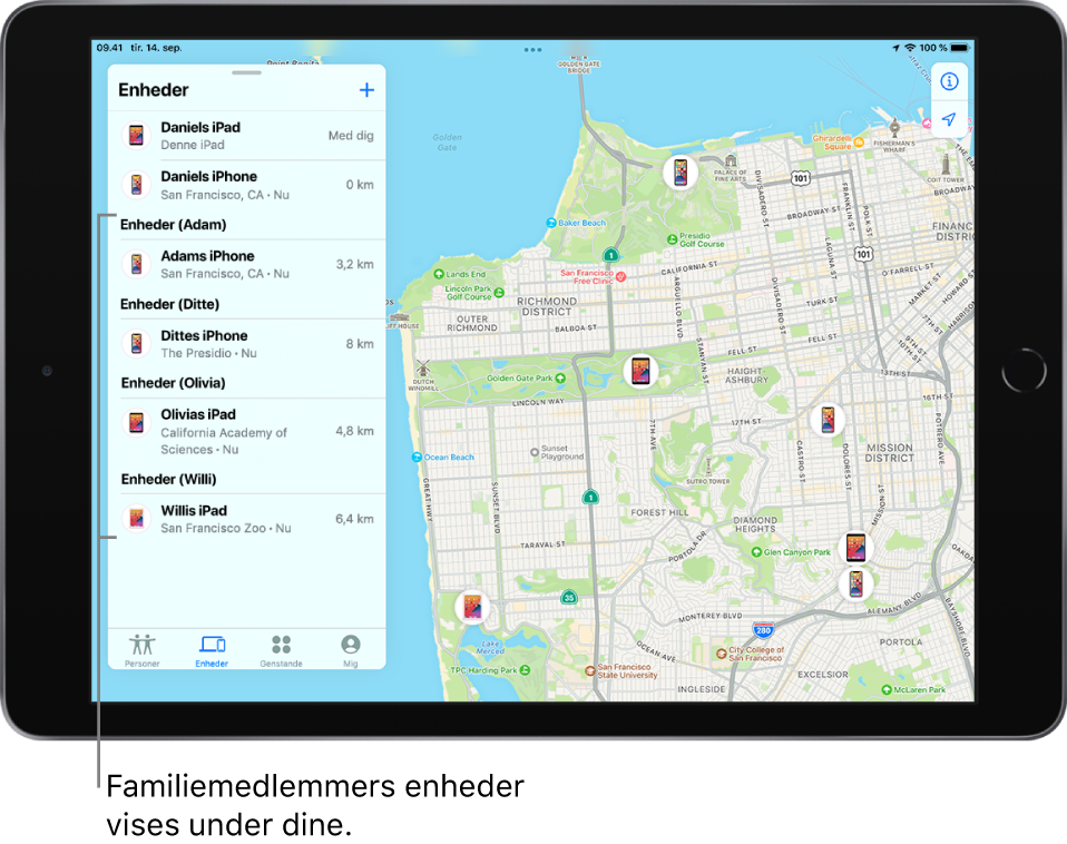 Appen Find med fanen Enheder åben. Dannys enheder står øverst på listen. Nedenunder er enhederne, der tilhører Ashley, Dawn, Olivia og Will. Deres lokalitet vises på et kort over San Francisco.