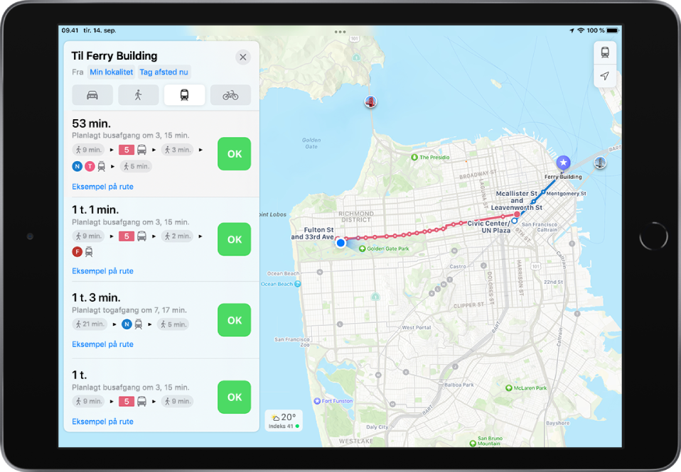 Et kort, der viser en rute med offentlig transport. Et rutekort til venstre har knappen Start til flere mulige ruter.