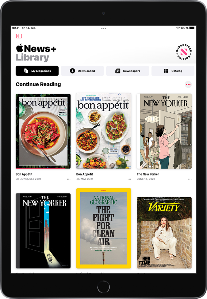 En skærm, der viser biblioteket i Apple News+. Øverst findes knapperne My Magazines, Downloaded, Newspapers og Catalog, og My Magazines er fremhævet. Under knapperne er der seks forskellige magasiner.