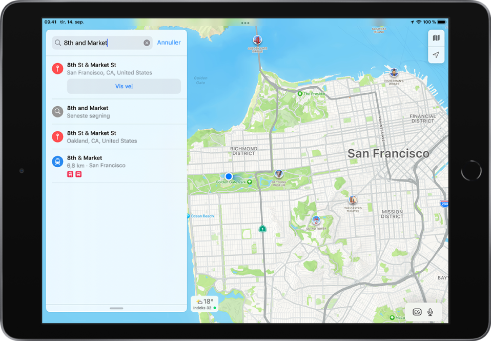 Søgekortet, der viser en søgning efter udtrykket “8th and Market” og flere resultater.