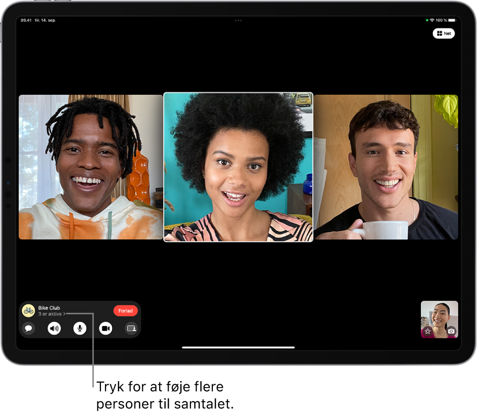 Et FaceTime-gruppeopkald med fire deltagere inklusive initiativtageren. Hver deltager vises i et felt for sig.