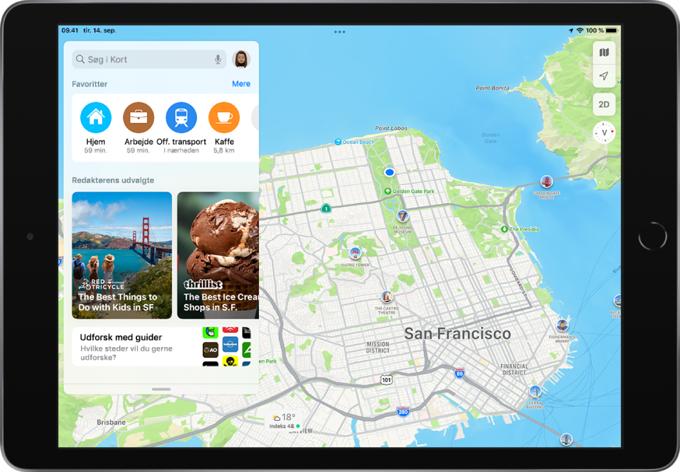 Et kort over San Francisco. I venstre side af skærmen vises knappen Udforsk med guider nederst på søgekortet.