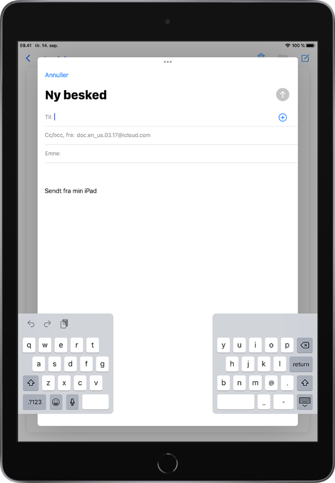 En ny e-mailbesked, der oprettes med tastaturet opdelt og frigjort nederst fra bunden af iPad-skærmen.