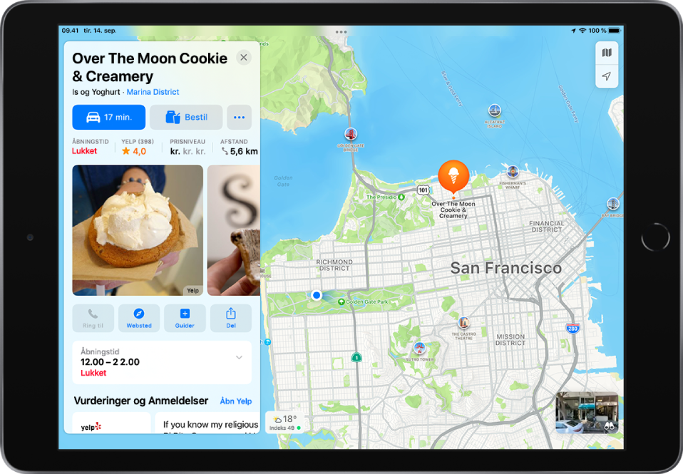 Et bykort med stedkortet for en isbutik. Stedkortet har knapper til at få vejvisning og afgive en ordre.