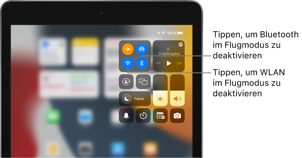 Kontrollzentrum mit aktiviertem Flugmodus. Die Tasten zum Deaktivieren von „WLAN“ und „Bluetooth“ befinden links oben im Kontrollzentrum.