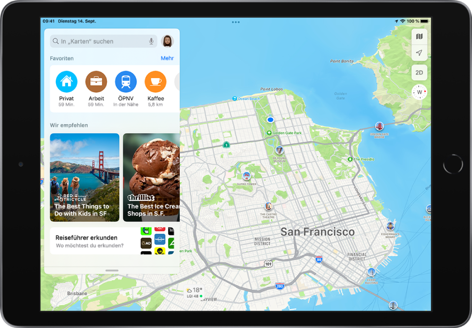 Eine Karte von San Francisco. Auf der linken Seite des Bildschirms wird unten in der Suchkarte die Taste „Reiseführer erkunden“ angezeigt.