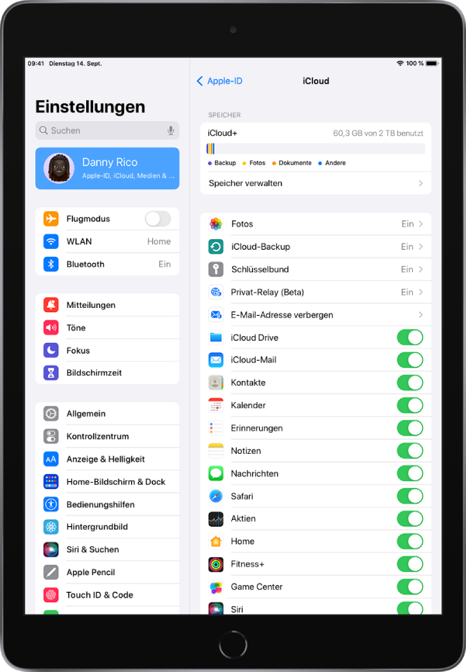 Bildschirm mit den iCloud-Einstellungen mit der Nutzungsanzeige für den iCloud-Speicher und einer Liste von Apps und Diensten wie „Mail“, „Kontakte“ und „Nachrichten“, die mit iCloud verwendet werden können.