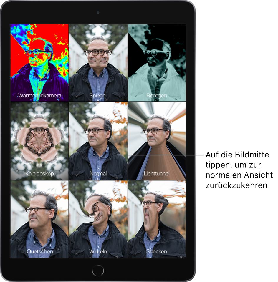 Die App „Photo Booth“ mit neun Ansichten des Gesichts eines Mannes in separaten Kacheln und mit verschiedenen Effekten. In der obersten Reihe sind von links nach rechts folgende Effekte zu sehen: Wärmebildkamera, Spiele und Röntgen. In der mittleren Reihe sind von links nach rechts folgende Effekte zu sehen: Kaleidoskop, Normal und Lichttunnel. In der untersten Reihe von links nach rechts sind folgende Effekte zu sehen: Quetschen, Wirbeln und Strecken.