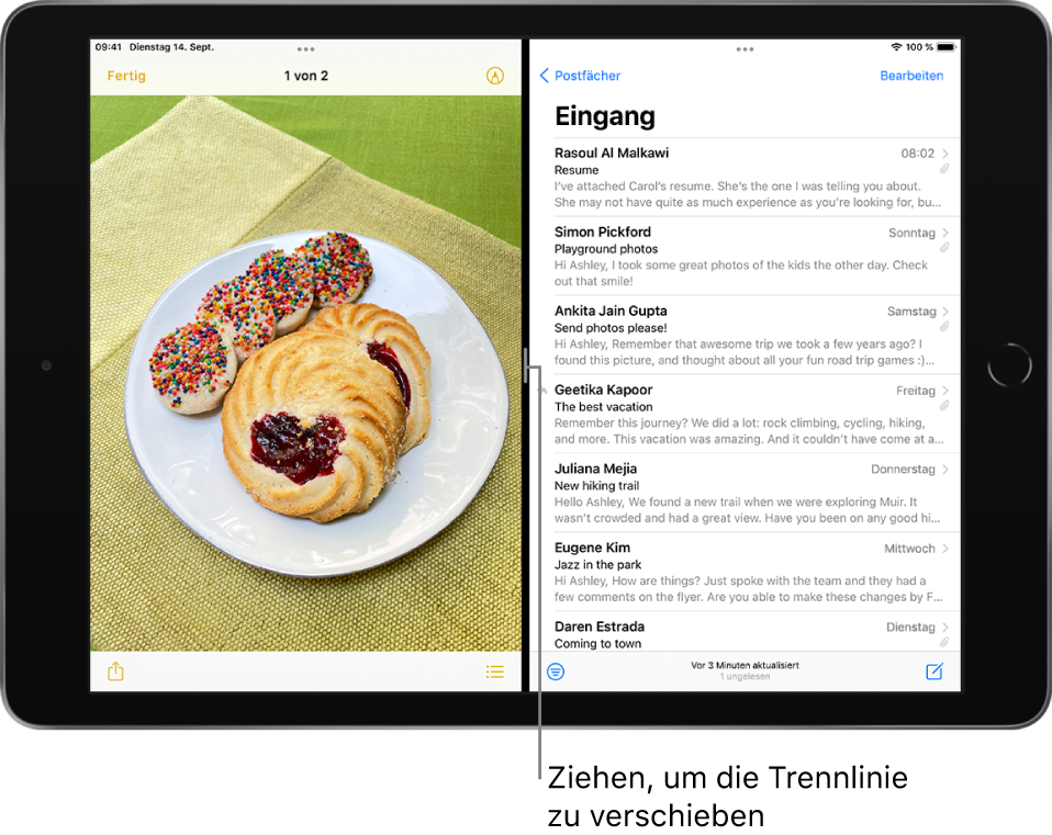 Auf der linken Seite des Bildschirms ist eine Grafik-App geöffnet. Auf der rechten Seite ist Mail geöffnet. Zwischen den Apps ist die anpassbare Trennlinie, die zum Anpassen der Bildschirmaufteilung verwendet wird.