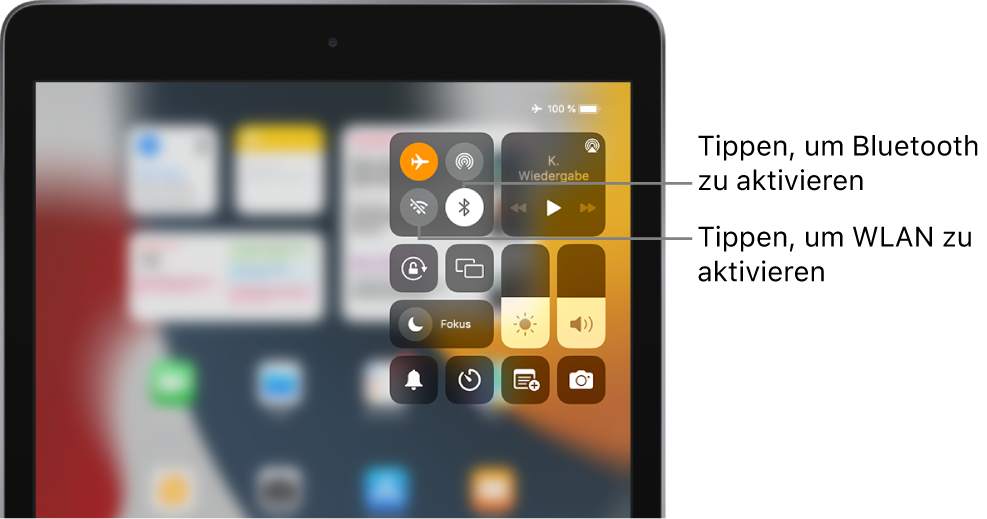 Kontrollzentrum mit aktiviertem Flugmodus. Die Tasten zum Aktivieren von „WLAN“ und „Bluetooth“ befinden links oben im Kontrollzentrum.