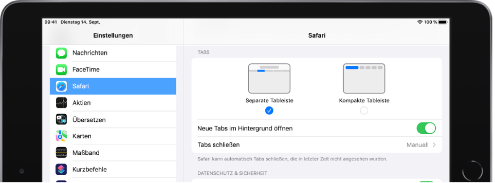 Der Bereich „Safari“ in der App „Einstellungen“. Unter den Tabs befinden sich die Optionen „Separate Tableiste“ und „Kompakte Tableiste“. Zu den anderen Optionen gehören „Neue Tabs im Hintergrund öffnen“ und „Tabs schließen“.