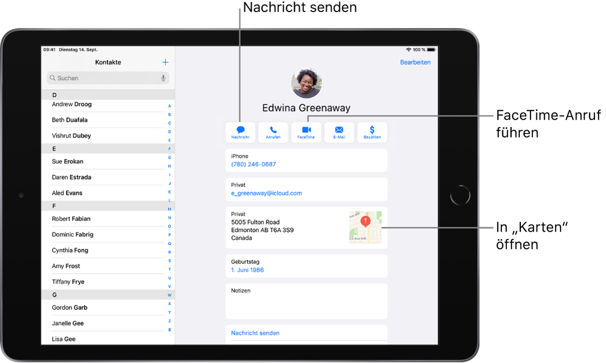 Der Bildschirm „Kontakte“ mit der Kontaktliste auf der linken Seite und der ausgewählten Kontaktkarte auf der rechten Seite. Unter dem Foto und dem Namen des Kontakts befinden sich die Tasten zum Senden einer Nachricht, zum Tätigen eines Telefon- oder FaceTime-Anrufs sowie zum Senden einer E-Mail-Nachricht und von Geldbeträgen mit Apple Pay. Unter den Tasten sind die Informationen des Kontakts zu sehen.