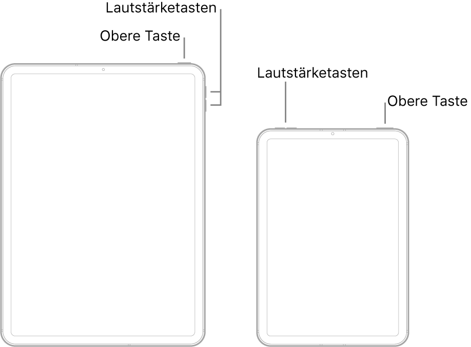 Abbildung der Vorderseite von zwei verschiedenen iPad-Modellen. Die Darstellung links zeigt die Lautstärketasten „Leiser“ und „Lauter“ an der rechten Geräteseite. Die obere Taste befindet sich am rechten Bildschirmrand. Die Darstellung rechts zeigt die Lautstärketasten „Leiser“ und „Lauter“ oben an der linken Geräteseite. Die obere Taste befindet sich am rechten Bildschirmrand.