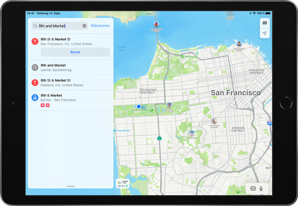 Die Suchkarte mit dem eingegebenen Suchbegriff „8th and Market“ und mehreren Ergebnissen.