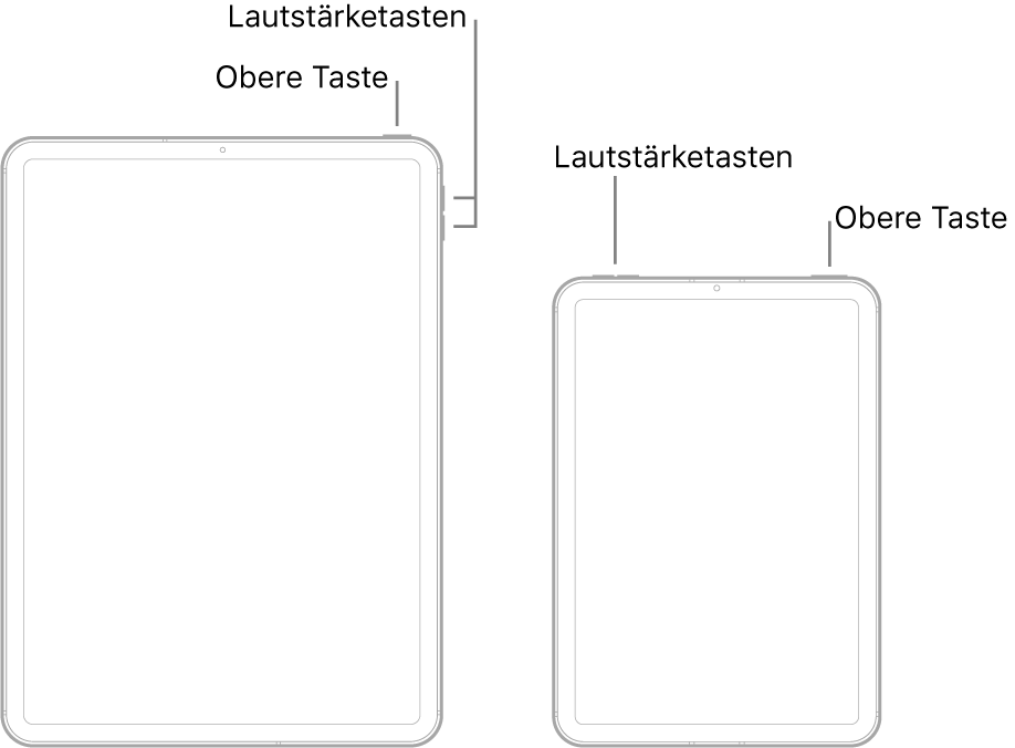 Abbildung der Vorderseite von zwei verschiedenen iPad-Modellen. Die Darstellung links zeigt die Lautstärketasten „Leiser“ und „Lauter“ an der rechten Geräteseite. Die obere Taste befindet sich am rechten Bildschirmrand. Die Darstellung rechts zeigt die Lautstärketasten „Leiser“ und „Lauter“ oben an der linken Geräteseite. Die obere Taste befindet sich am rechten Bildschirmrand.