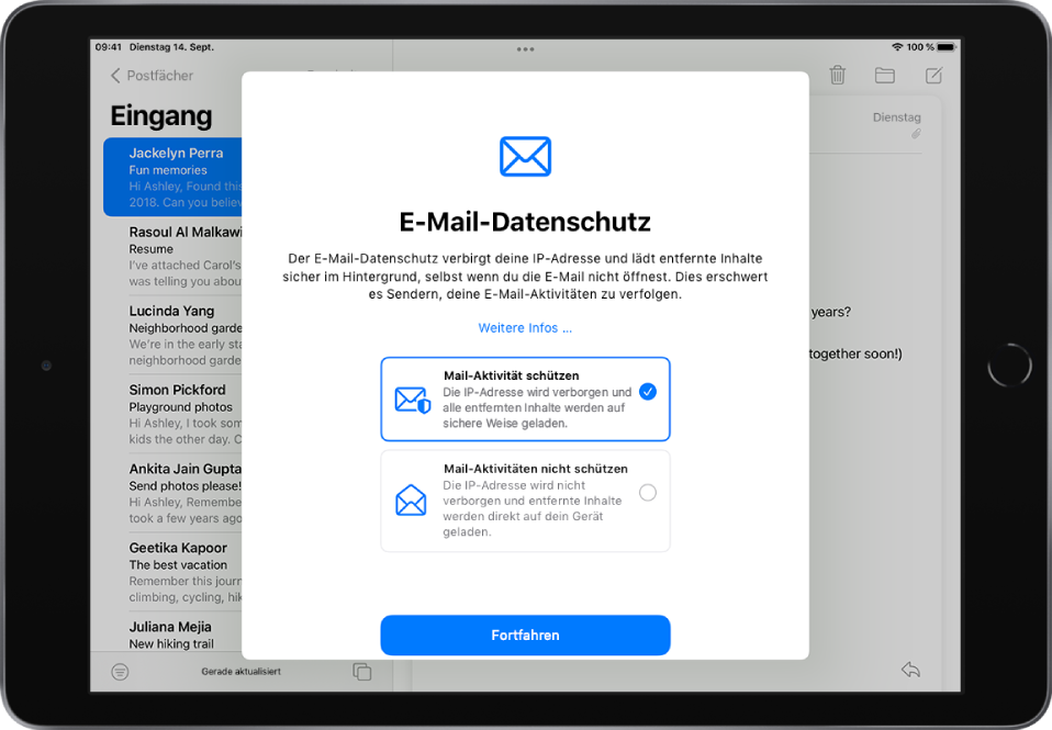 Im Konfigurationsfenster für den E-Mail-Datenschutz werden die Funktionen beschrieben und zwei Optionen angeboten: „Mail-Aktivität schützen“ und „Mail-Aktivitäten nicht schützen“.