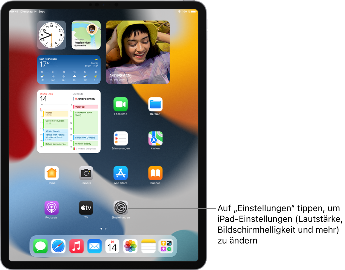 Der Home-Bildschirm des iPad mit mehreren App-Symbolen, unter anderem mit dem Symbol der App „Einstellungen“. Wenn du auf dieses Symbol tippst, kannst du unter anderem die Lautstärke und die Bildschirmhelligkeit für das iPad ändern.