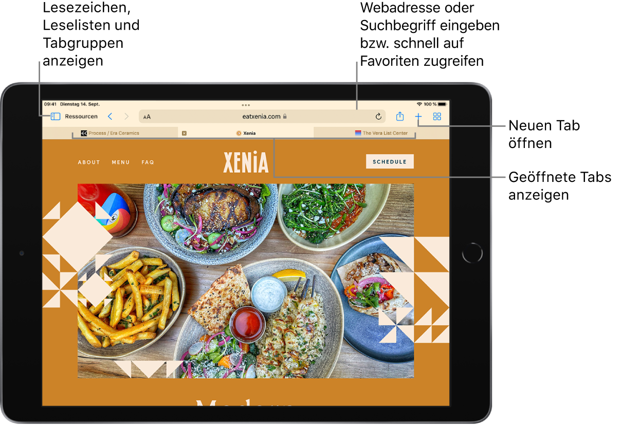 Eine geöffnete Webseite. Oben befinden sich von links nach rechts die Taste für die Seitenleiste, der Titel der aktuell geöffneten Tabgruppe, die Tasten „Zurück“ und „Vorwärts“, das Suchfeld, die Taste „Teilen“, die Taste „Neuer Tab“ und die Taste „Tabübersicht“.