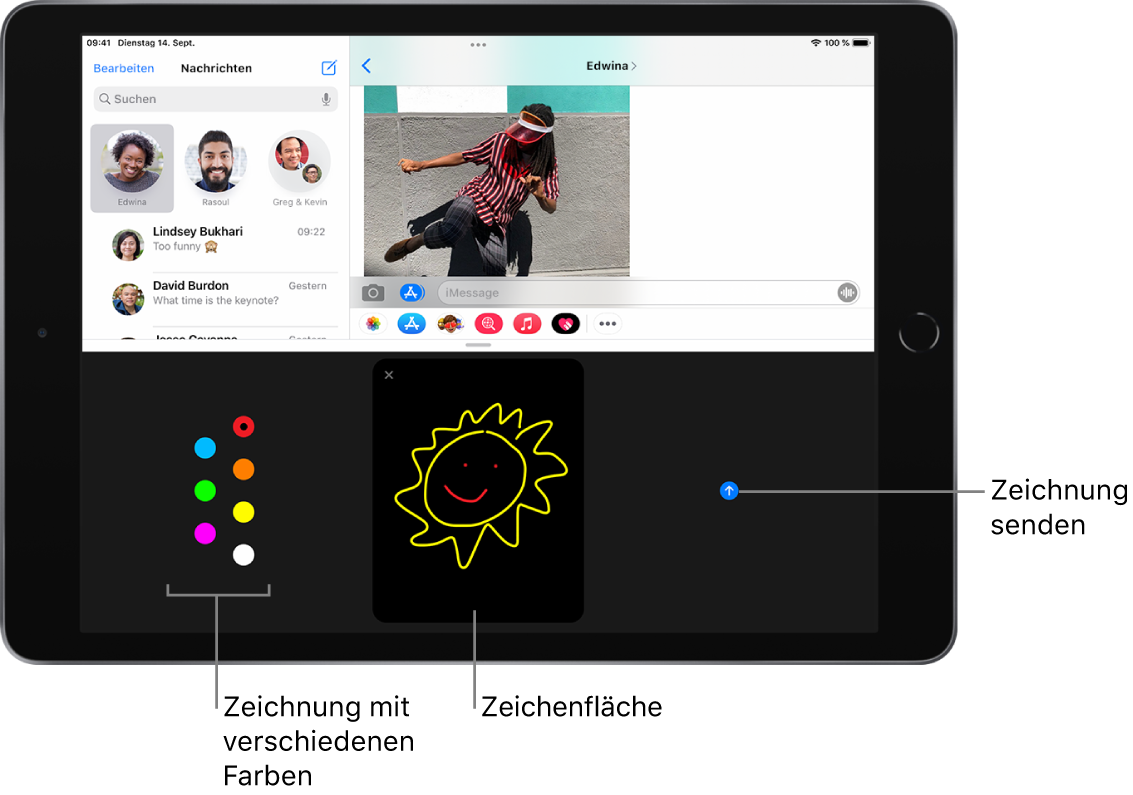Ein Bildschirm in der App „Nachrichten“, in dem unten der Bereich für Digital Touch zu sehen ist. Die Farboptionen befinden sich auf der linken Seite, der Zeichenbereich in der Mitte und die Taste „Senden“ auf der rechten Seite.