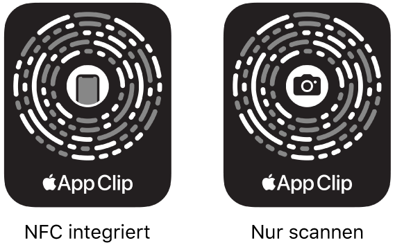 Links ist ein NFC-integrierter App Clip-Code mit einem iPhone-Symbol in der Mitte zu sehen. Rechts ist ein scanbarer App Clip-Code mit einem Kamerasymbol in der Mitte zu sehen.