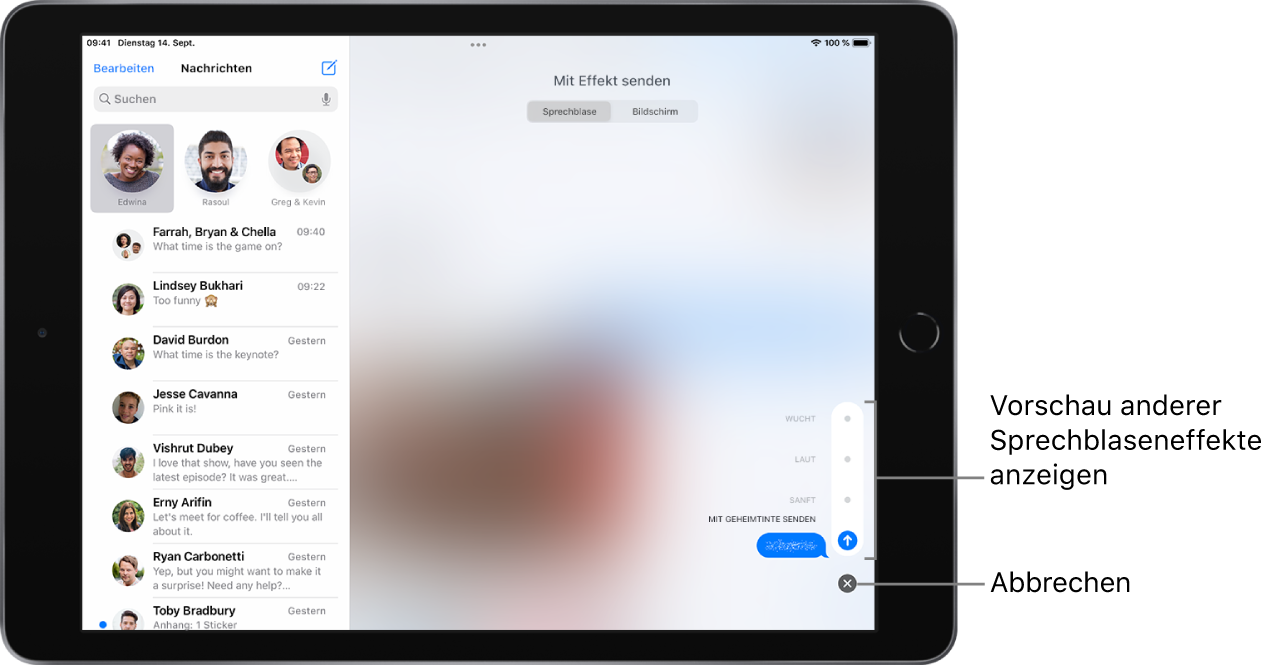 Die Vorschau einer Nachricht mit dem Effekt „Unsichtbare Tinte“. Tippe unten rechts auf ein Steuerelement, um die anderen Sprechblaseneffekte anzuzeigen. Tippe zum Senden erneut auf das gleiche Element oder tippe auf „Abbrechen“ unten, um zur Nachricht zurückzukehren.